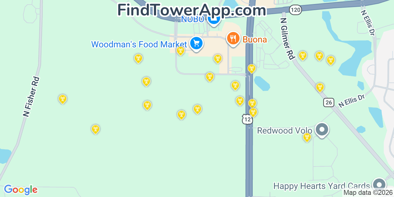 Map showing the 20 primary cell tower locations detected in Volo, Illinois from AT&T, Verizon, and T-Mobile networks