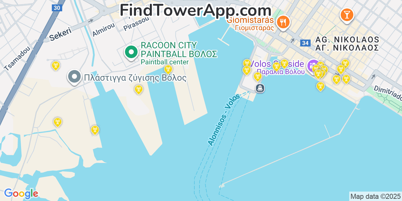 Map showing the 20 primary cell tower locations detected in Volos, Greece with coverage areas and signal strength