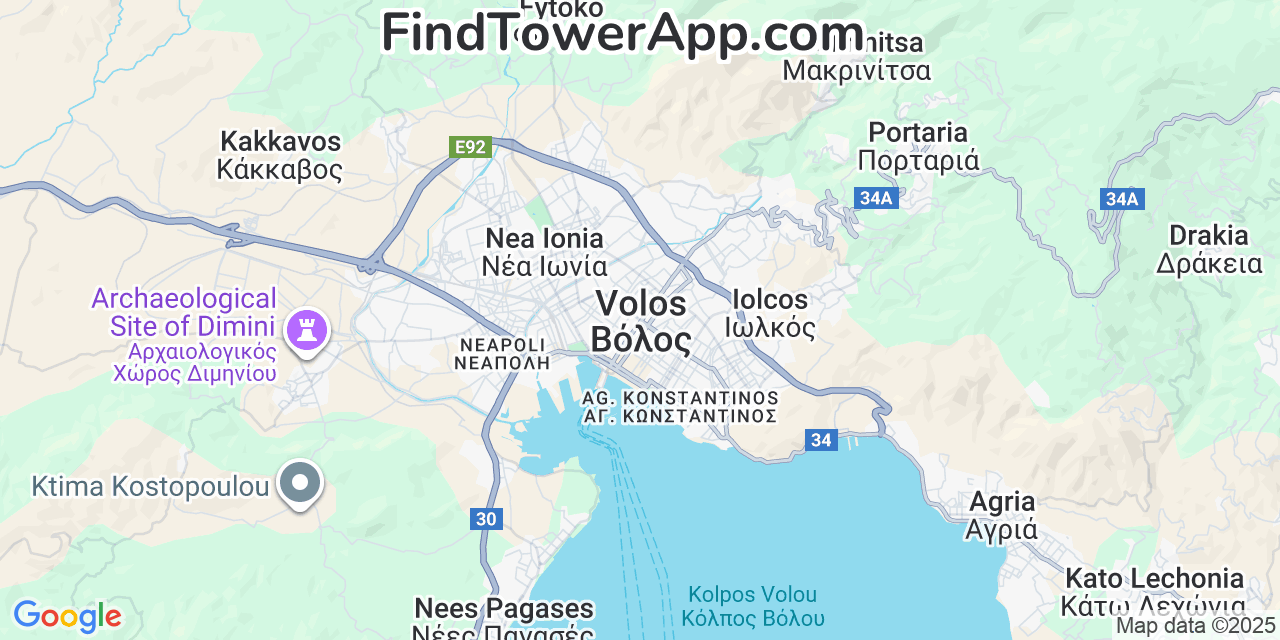 Map showing the 0 primary Wind cell tower locations detected in Volos, Greece with coverage radius and signal strength indicators