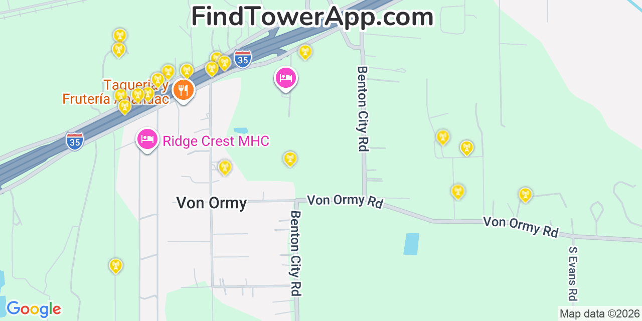 Map showing the 20 primary cell tower locations detected in Von Ormy, Texas from AT&T, Verizon, and T-Mobile networks