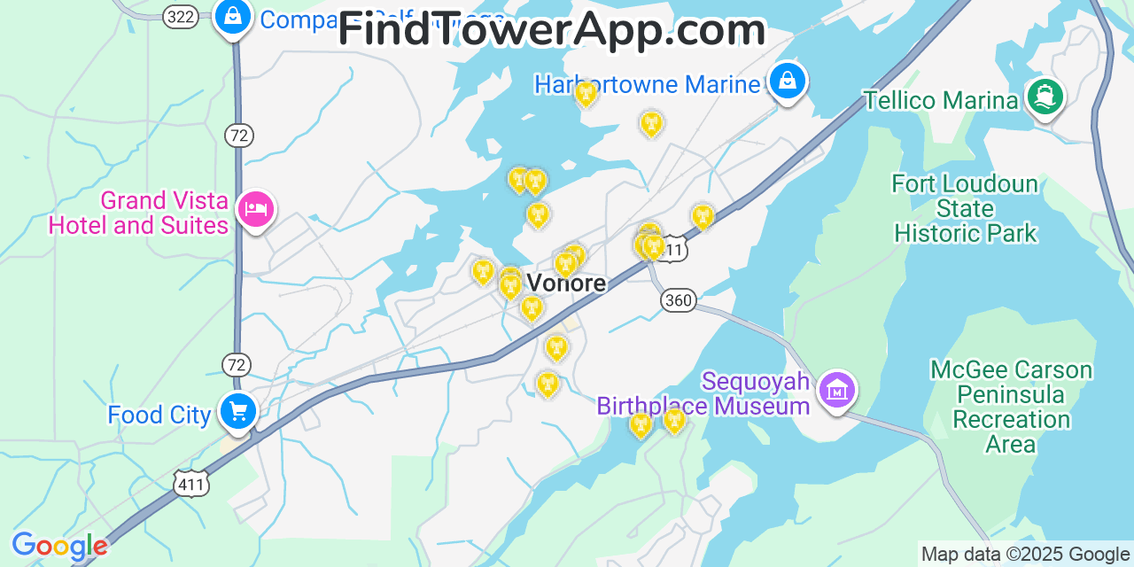Map showing the 20 primary cell tower locations detected in Vonore, Tennessee from AT&T, Verizon, and T-Mobile networks