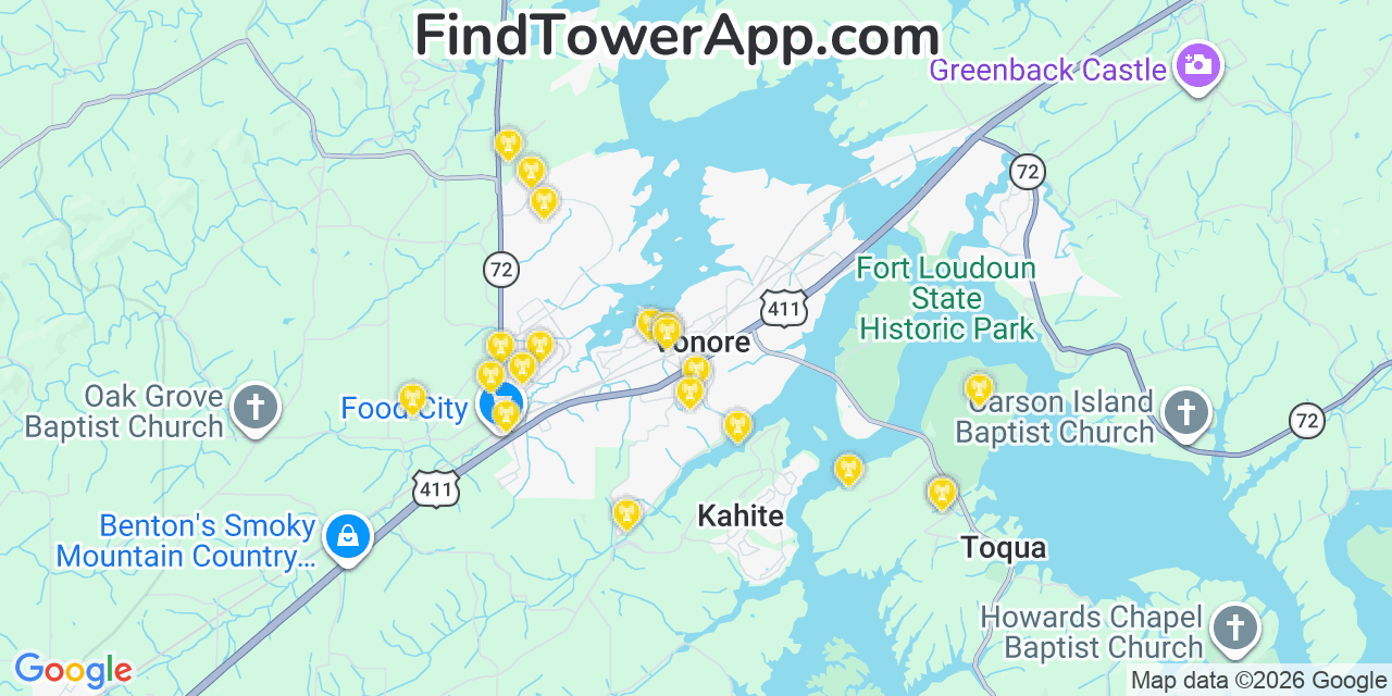 Map showing the 20 primary cell tower locations detected in Vonore, Tennessee from AT&T, Verizon, and T-Mobile networks