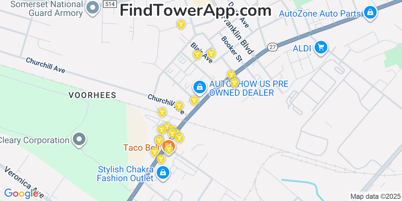 Map showing the 20 primary cell tower locations detected in Voorhees, New Jersey from AT&T, Verizon, and T-Mobile networks