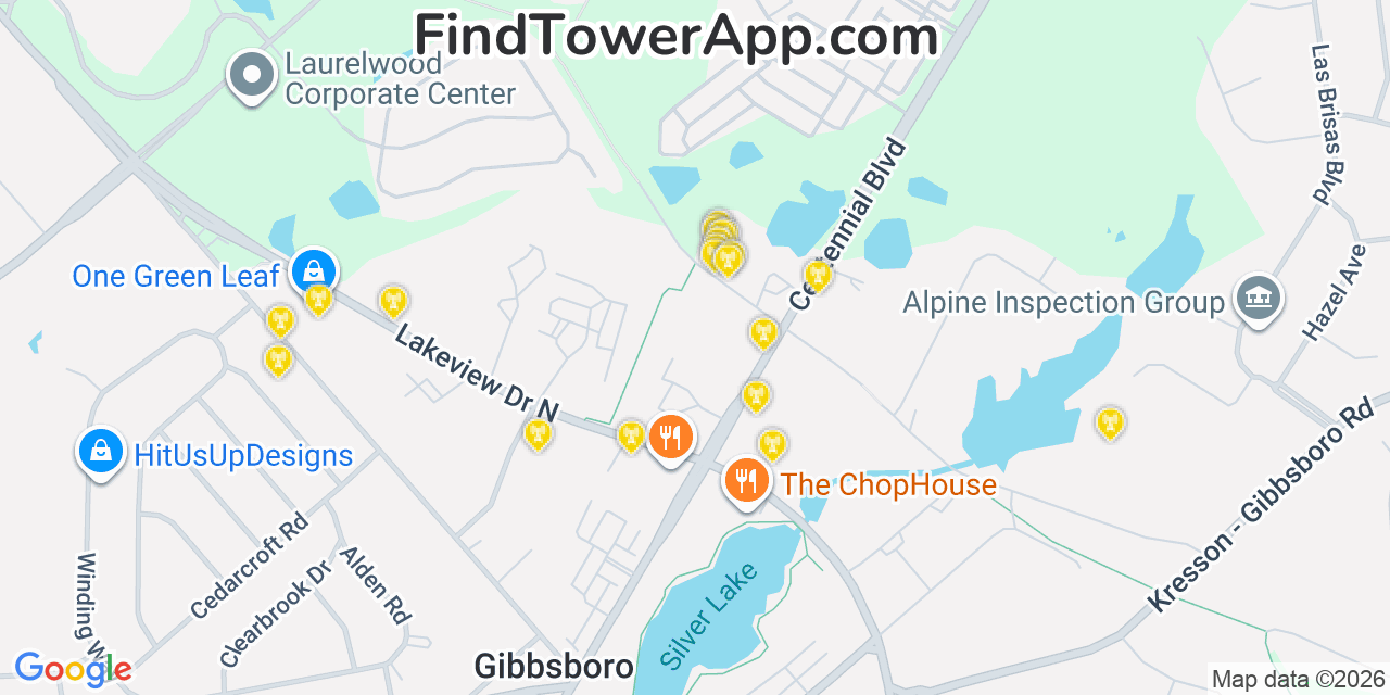 Map showing the 20 primary cell tower locations detected in Voorhees, New Jersey from AT&T, Verizon, and T-Mobile networks