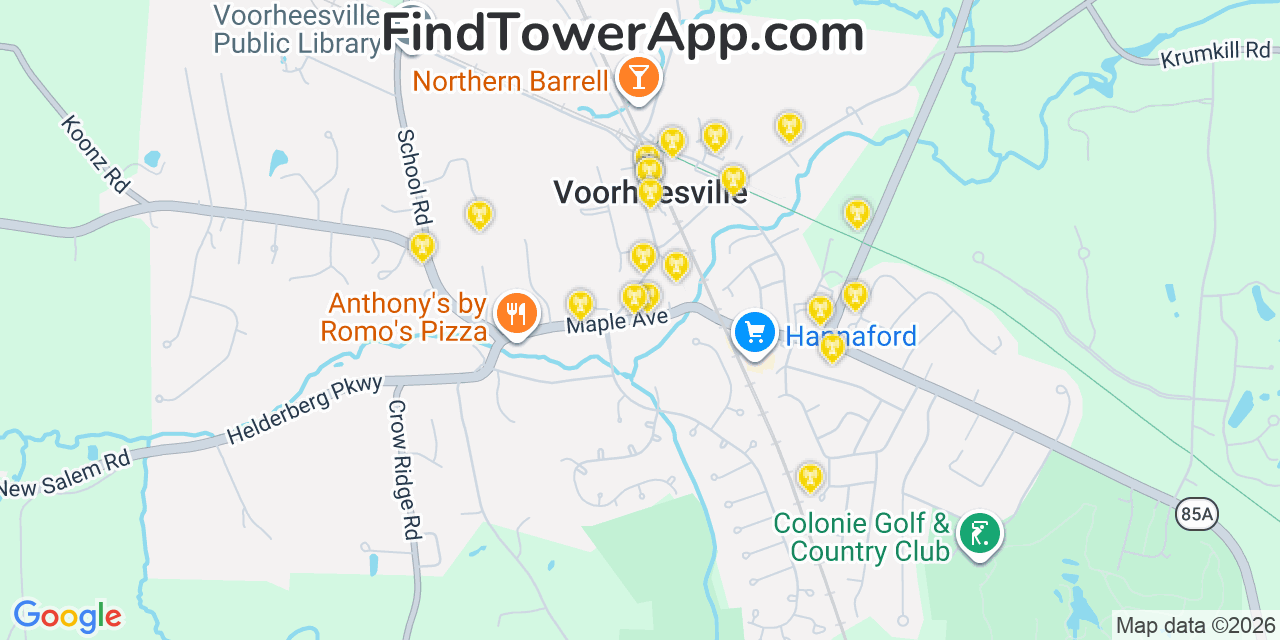 Map showing the 20 primary cell tower locations detected in Voorheesville, New York from AT&T, Verizon, and T-Mobile networks