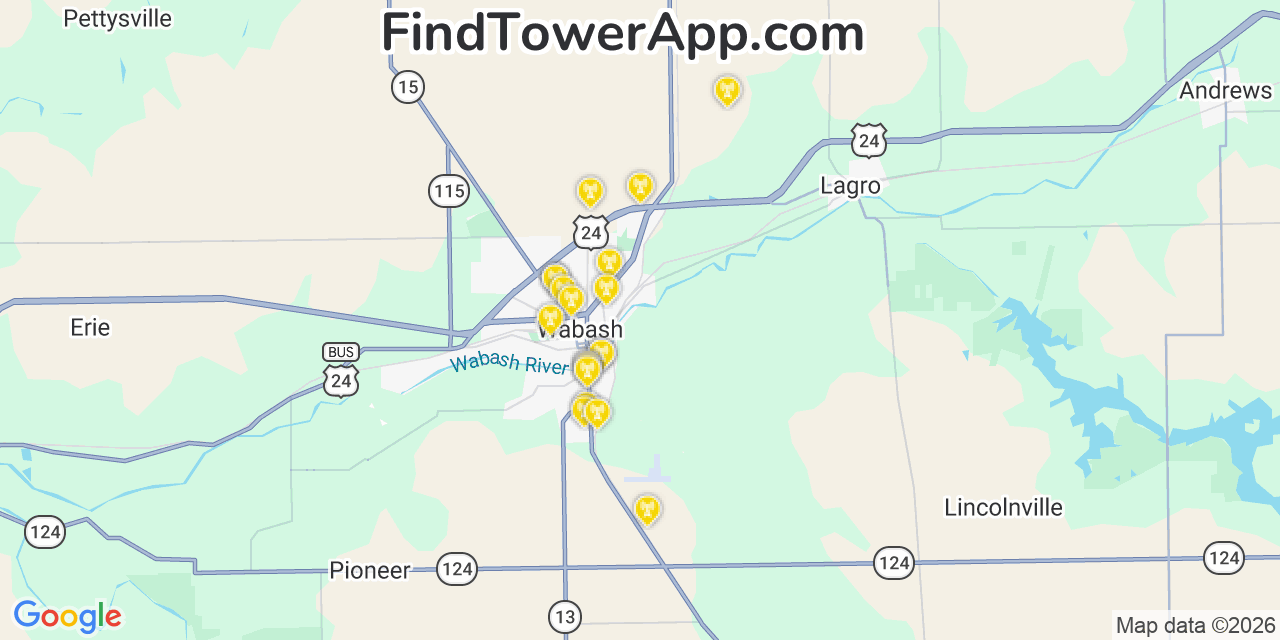Map showing the 20 primary cell tower locations detected in Wabash, Indiana from AT&T, Verizon, and T-Mobile networks