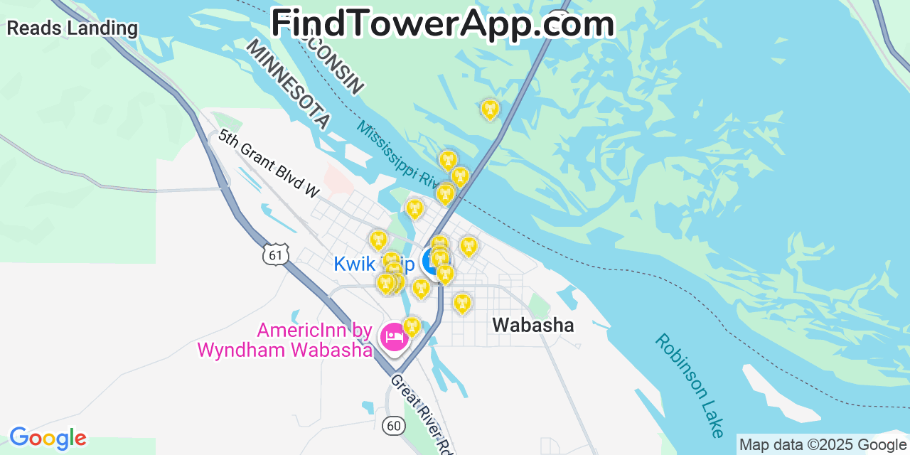 Map showing the 20 primary cell tower locations detected in Wabasha, Minnesota from AT&T, Verizon, and T-Mobile networks