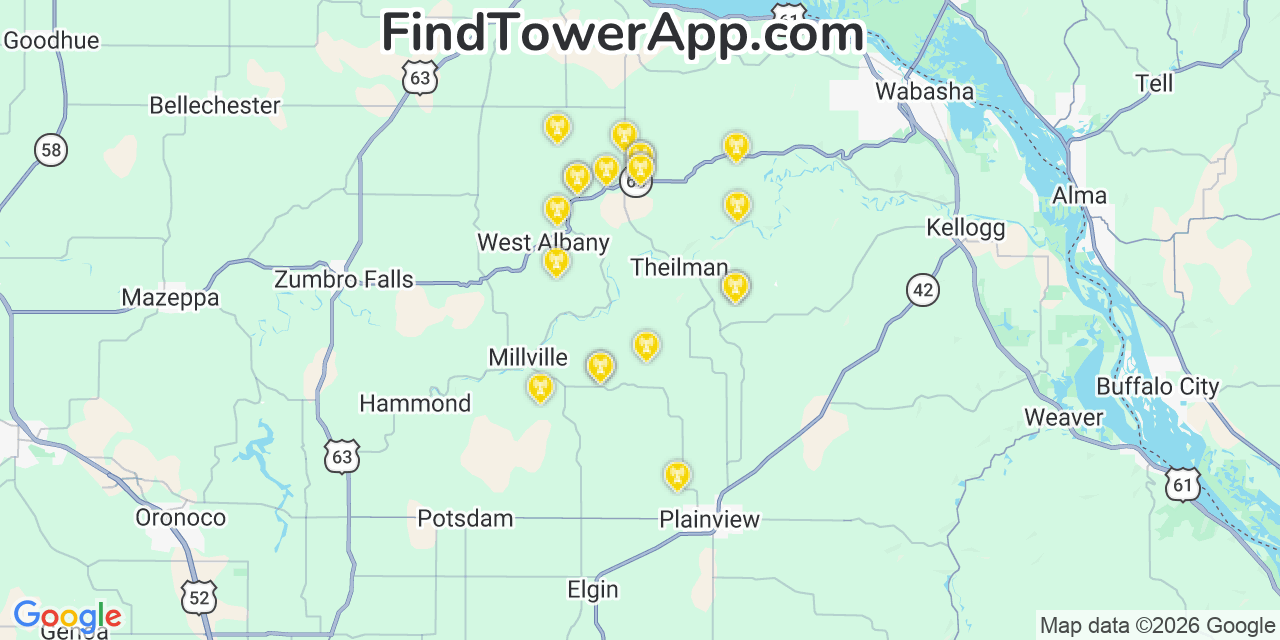 Map showing the 20 primary cell tower locations detected in Wabasha, Minnesota from AT&T, Verizon, and T-Mobile networks