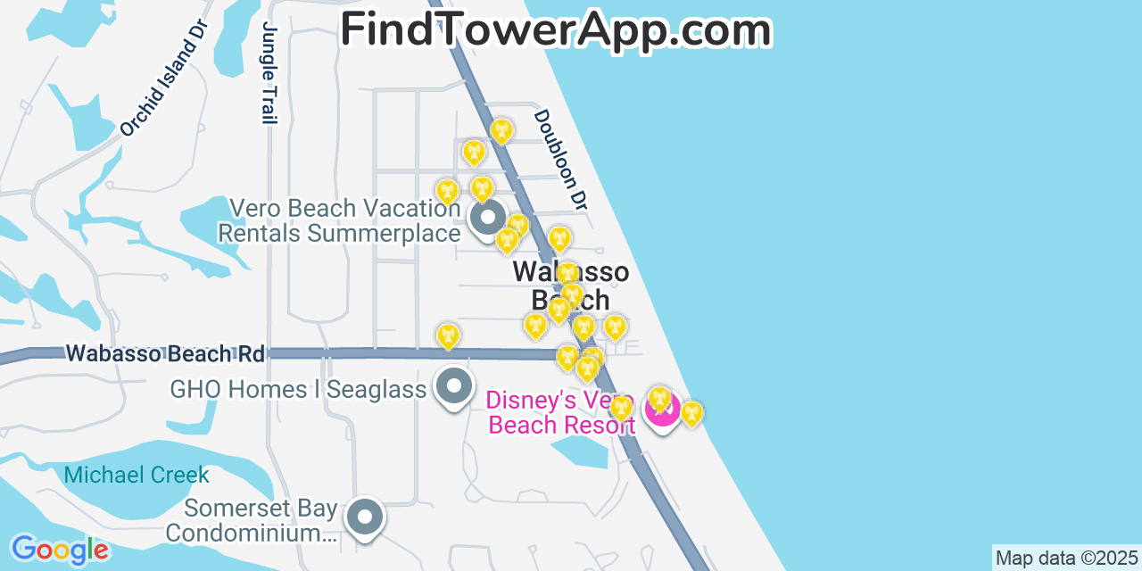 Map showing the 20 primary cell tower locations detected in Wabasso Beach, Florida from AT&T, Verizon, and T-Mobile networks