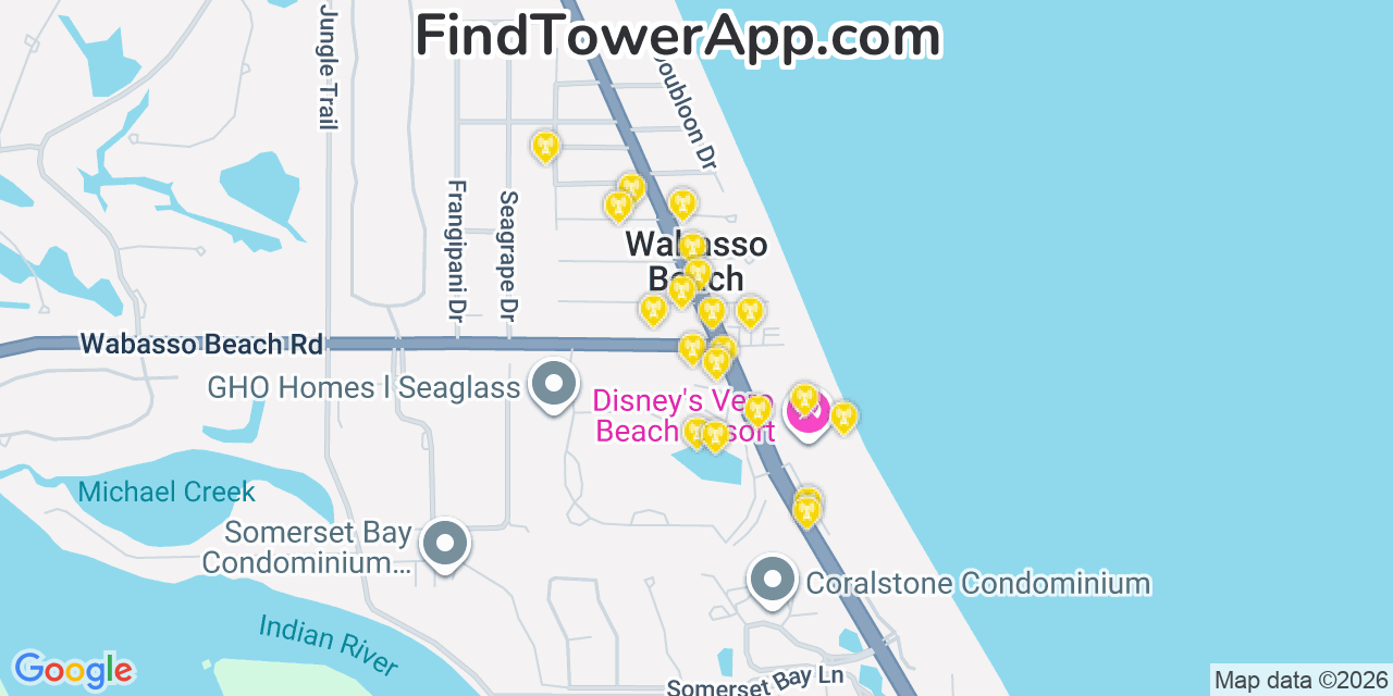 Map showing the 20 primary cell tower locations detected in Wabasso Beach, Florida from AT&T, Verizon, and T-Mobile networks