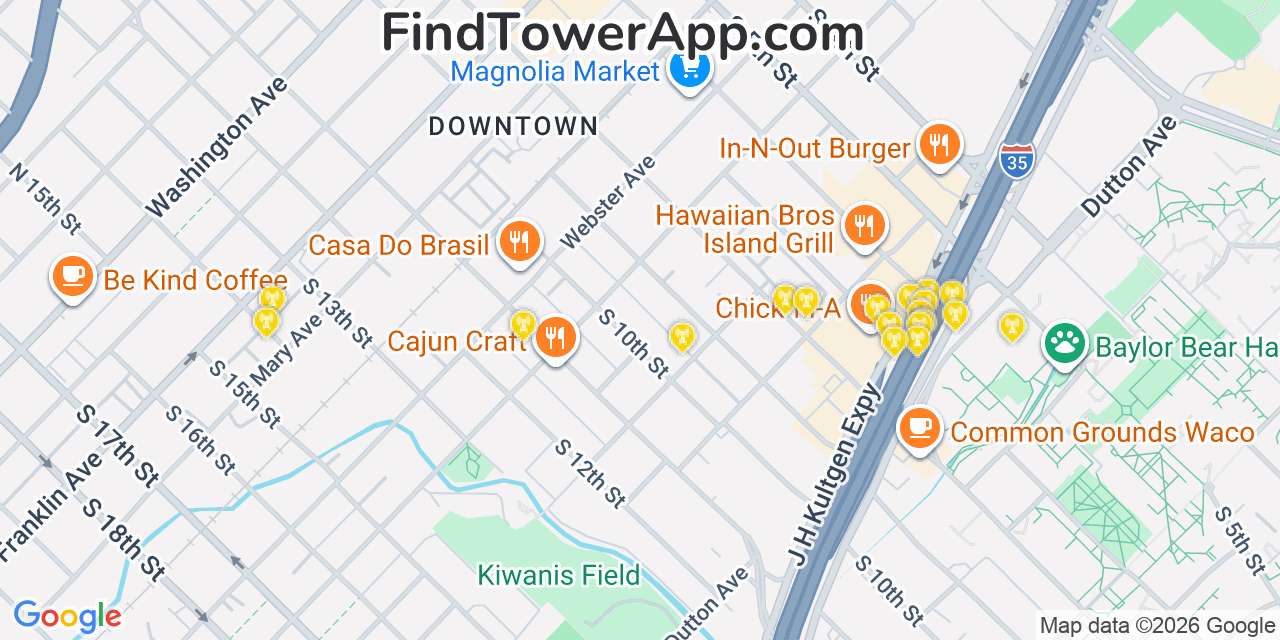 Map showing the 20 primary cell tower locations detected in Waco, Texas from AT&T, Verizon, and T-Mobile networks