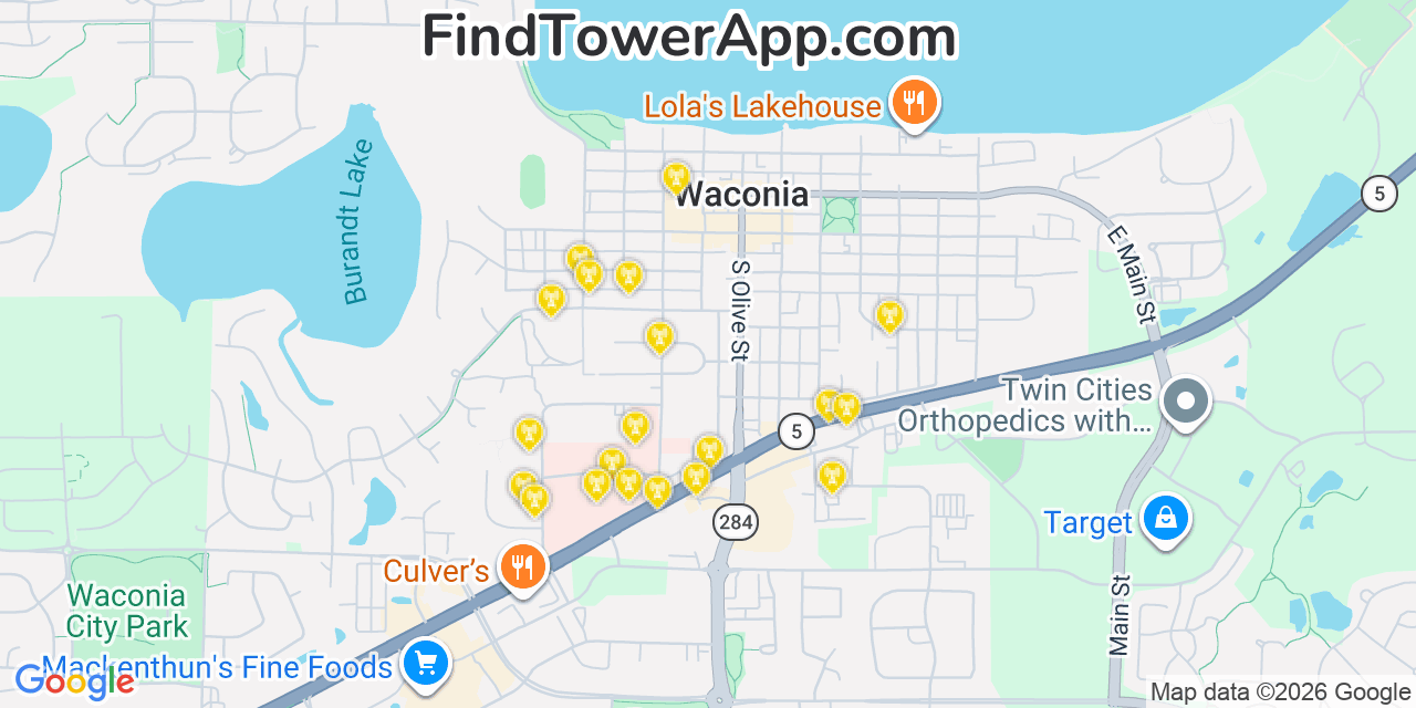 Map showing the 20 primary cell tower locations detected in Waconia, Minnesota from AT&T, Verizon, and T-Mobile networks