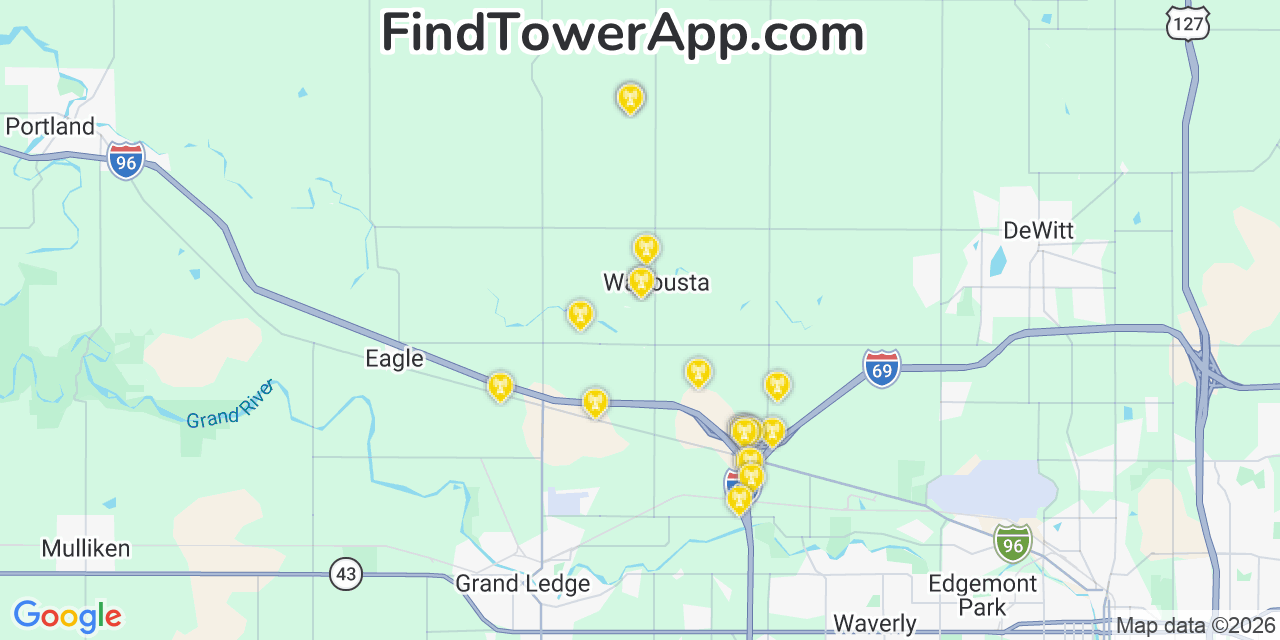 Map showing the 20 primary cell tower locations detected in Wacousta, Michigan from AT&T, Verizon, and T-Mobile networks