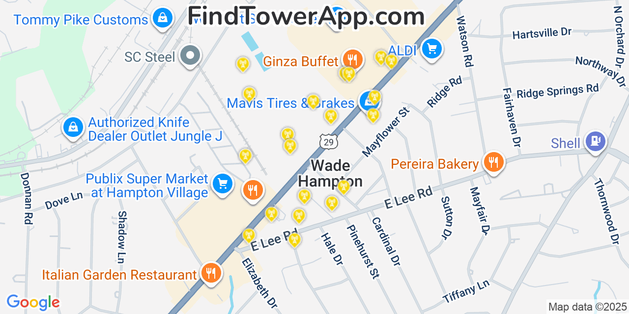 Map showing the 20 primary cell tower locations detected in Wade Hampton, South Carolina from AT&T, Verizon, and T-Mobile networks