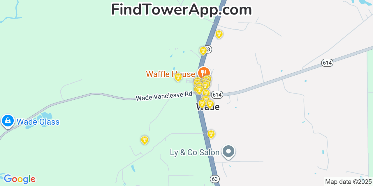 Map showing the 20 primary cell tower locations detected in Wade, Mississippi from AT&T, Verizon, and T-Mobile networks
