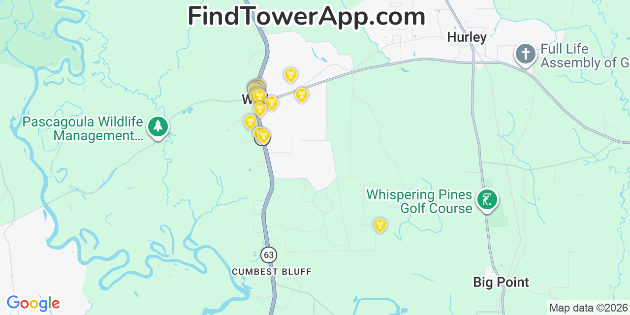 Map showing the 20 primary cell tower locations detected in Wade, Mississippi from AT&T, Verizon, and T-Mobile networks