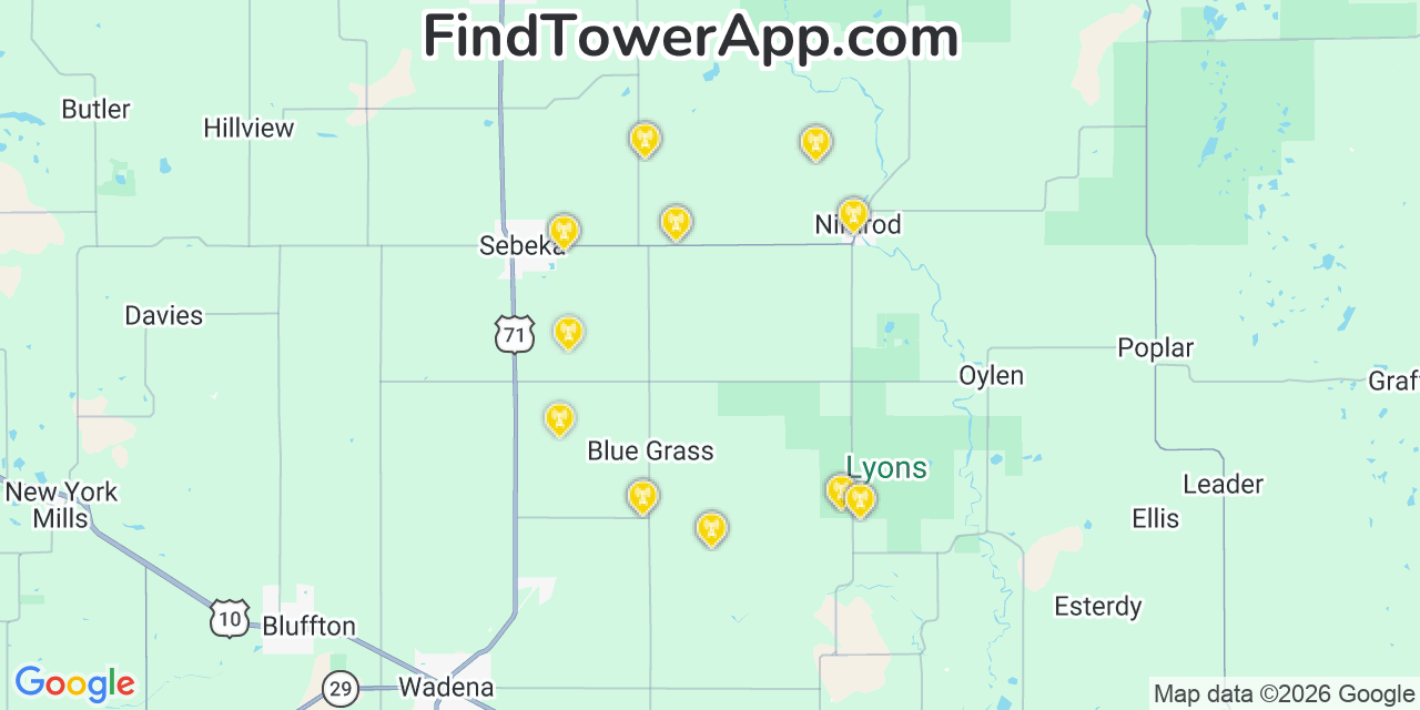 Map showing the 20 primary cell tower locations detected in Wadena, Minnesota from AT&T, Verizon, and T-Mobile networks