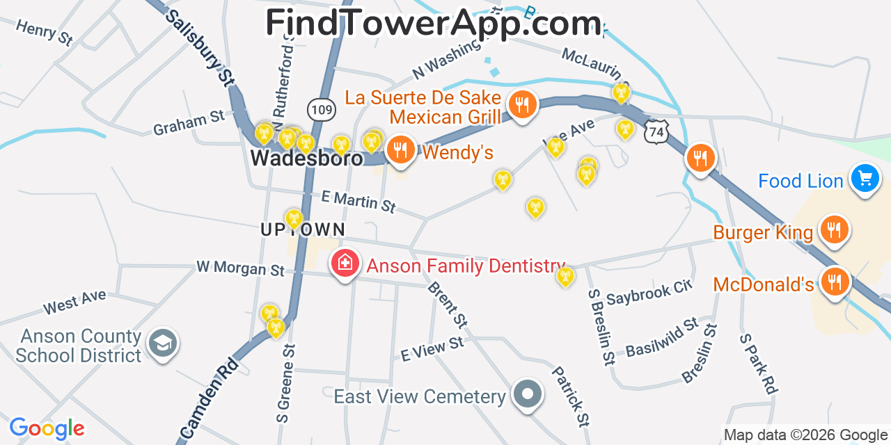 Map showing the 20 primary cell tower locations detected in Wadesboro, North Carolina from AT&T, Verizon, and T-Mobile networks