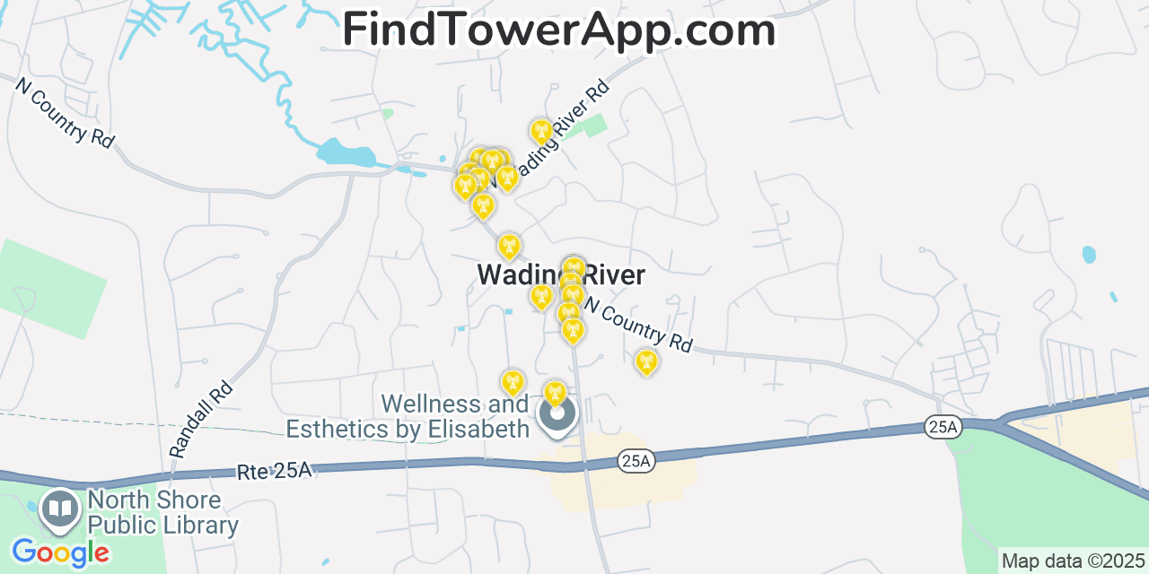 Map showing the 20 primary cell tower locations detected in Wading River, New York from AT&T, Verizon, and T-Mobile networks