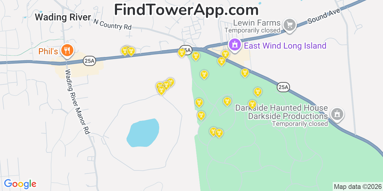 Map showing the 20 primary cell tower locations detected in Wading River, New York from AT&T, Verizon, and T-Mobile networks