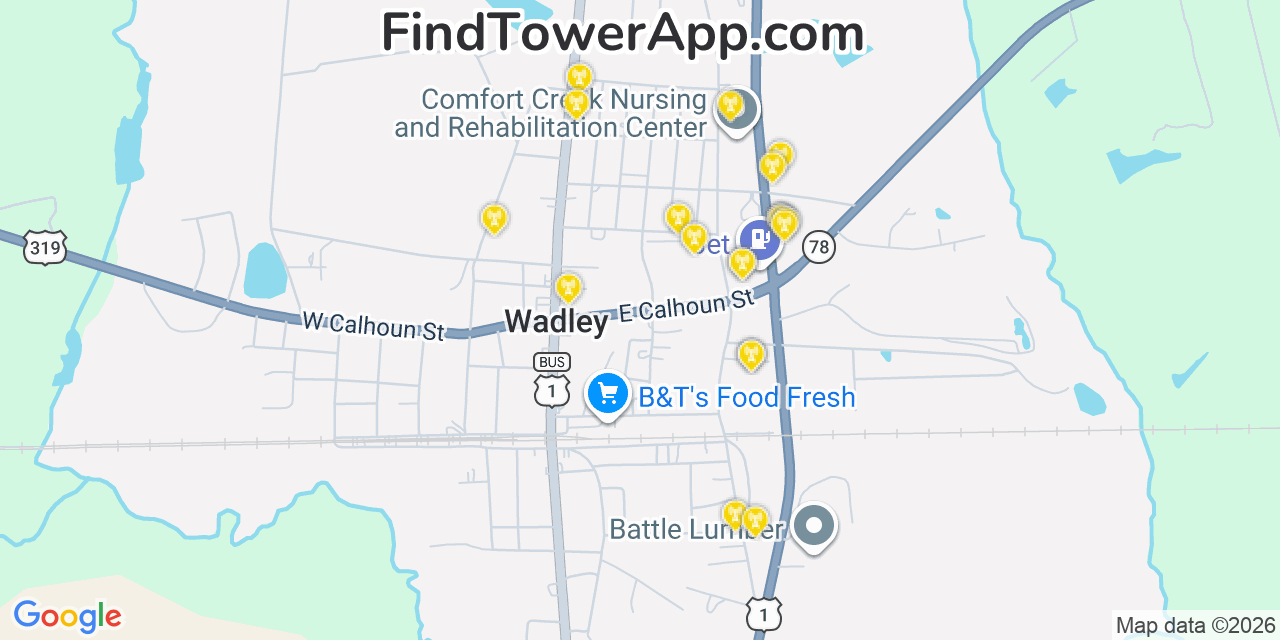 Map showing the 20 primary cell tower locations detected in Wadley, Georgia from AT&T, Verizon, and T-Mobile networks
