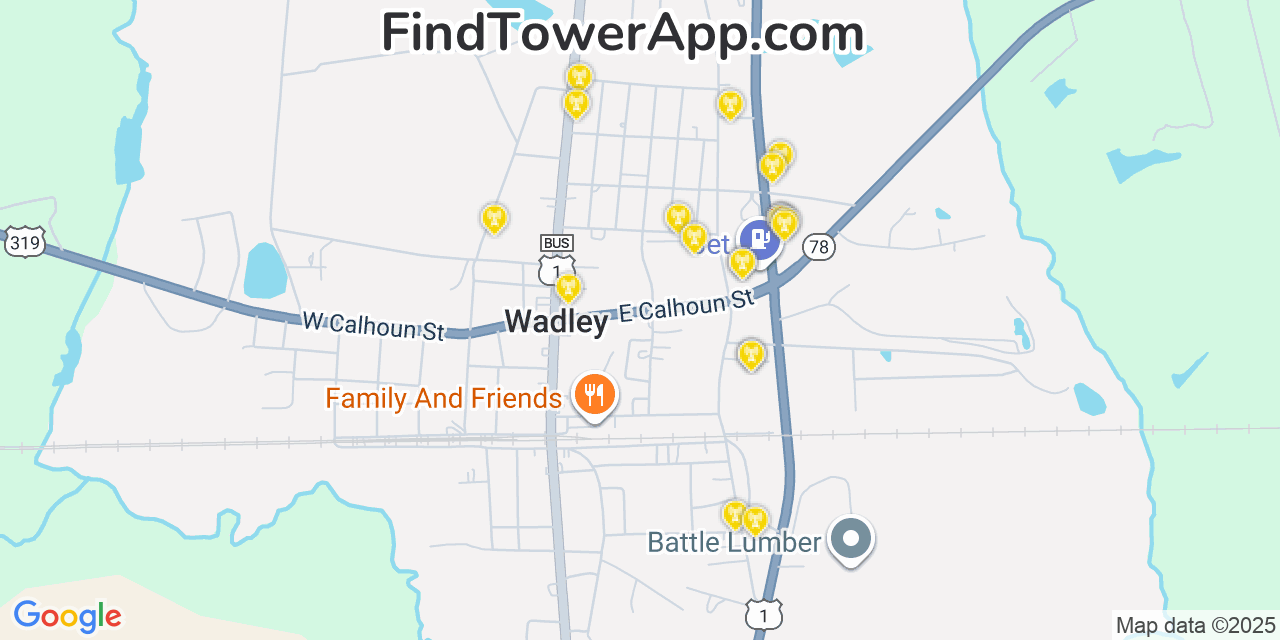 Map showing the 20 primary Mobitel cell tower locations detected in Wadley, Georgia with coverage radius and signal strength indicators