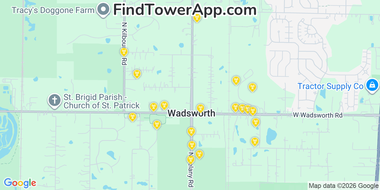 Map showing the 20 primary cell tower locations detected in Wadsworth, Illinois from AT&T, Verizon, and T-Mobile networks