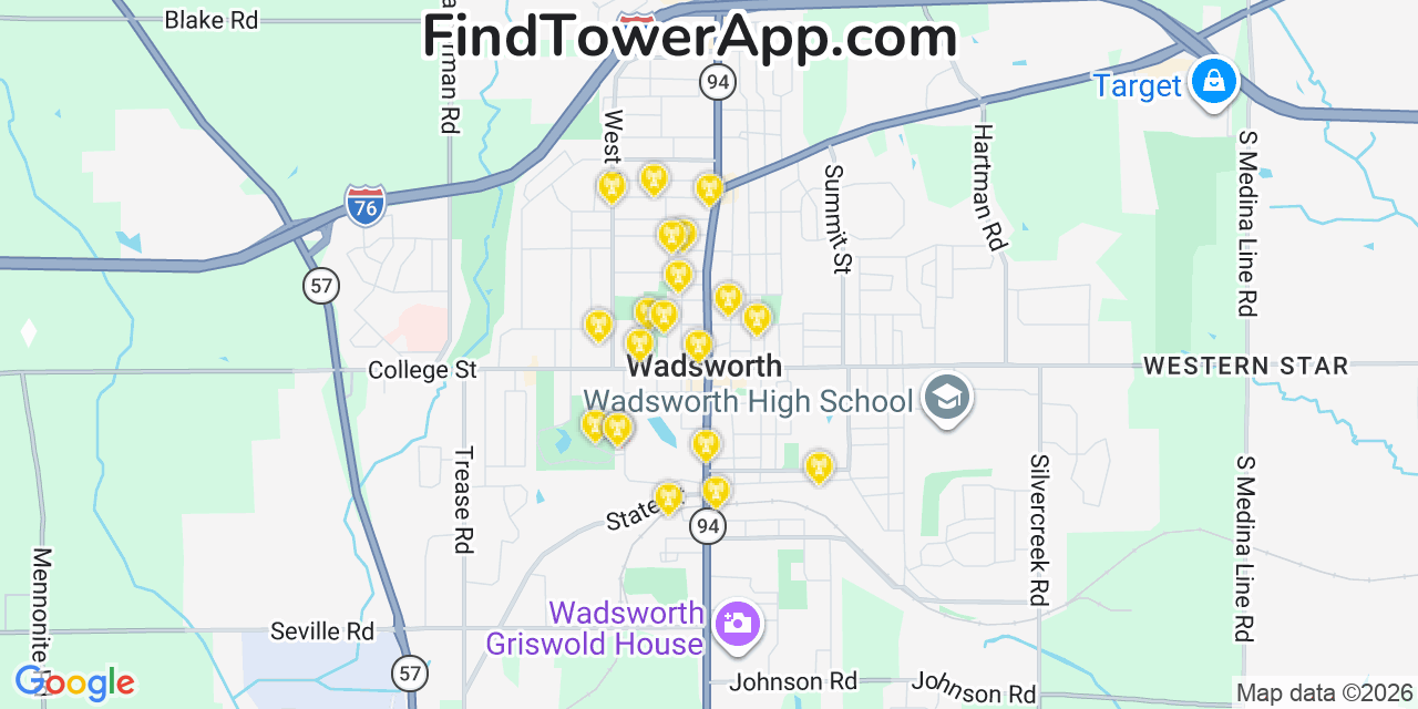 Map showing the 20 primary cell tower locations detected in Wadsworth, Ohio from AT&T, Verizon, and T-Mobile networks