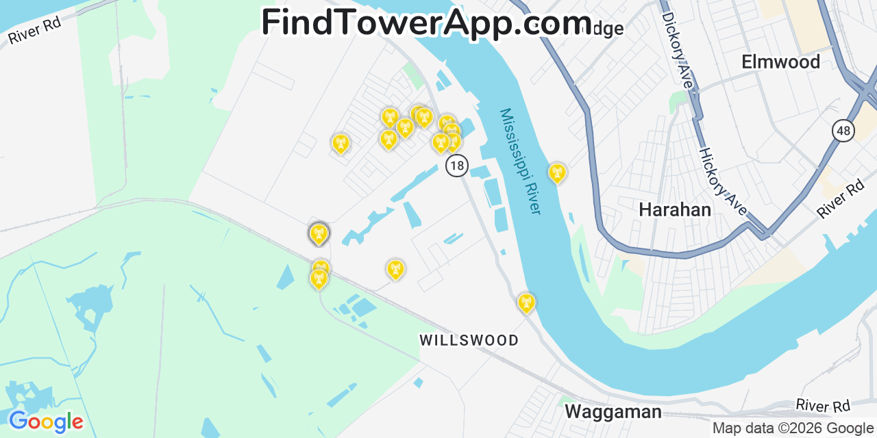 Map showing the 20 primary cell tower locations detected in Waggaman, Louisiana from AT&T, Verizon, and T-Mobile networks