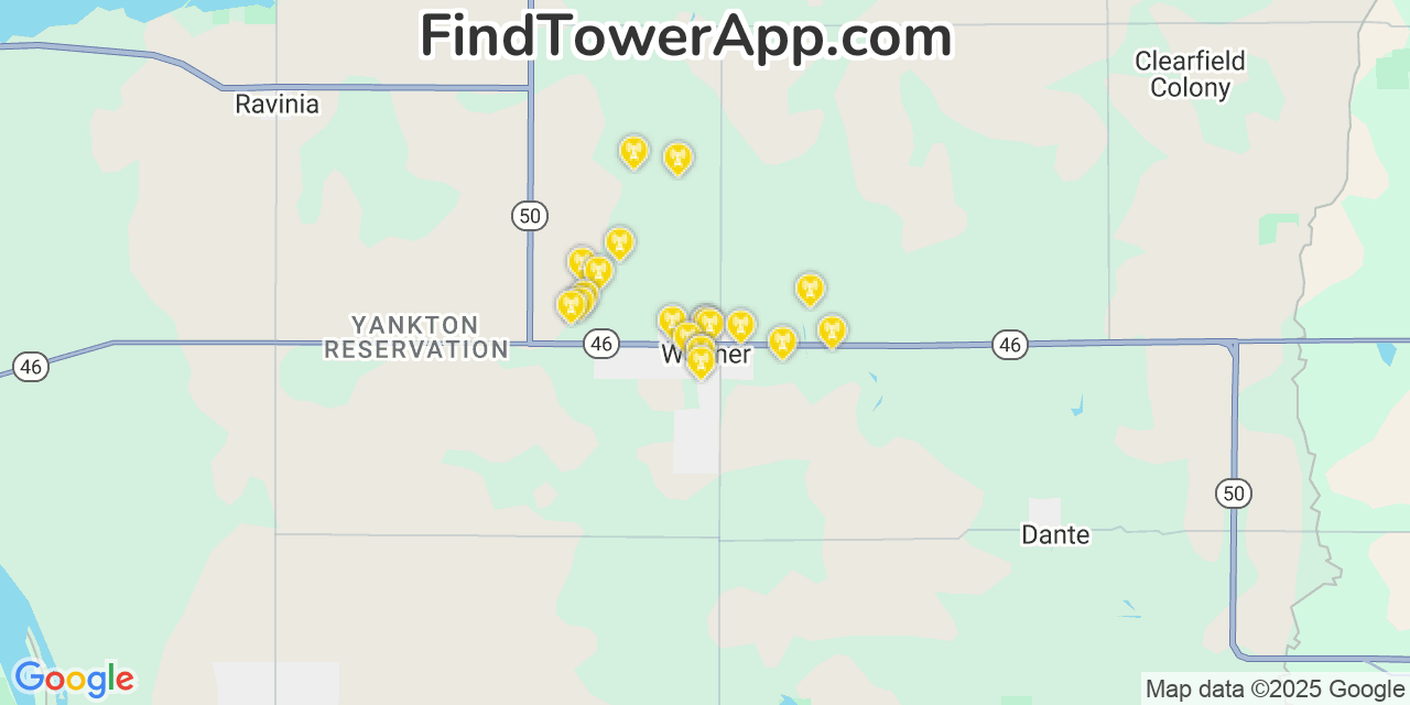 Map showing the 20 primary cell tower locations detected in Wagner, South Dakota from AT&T, Verizon, and T-Mobile networks