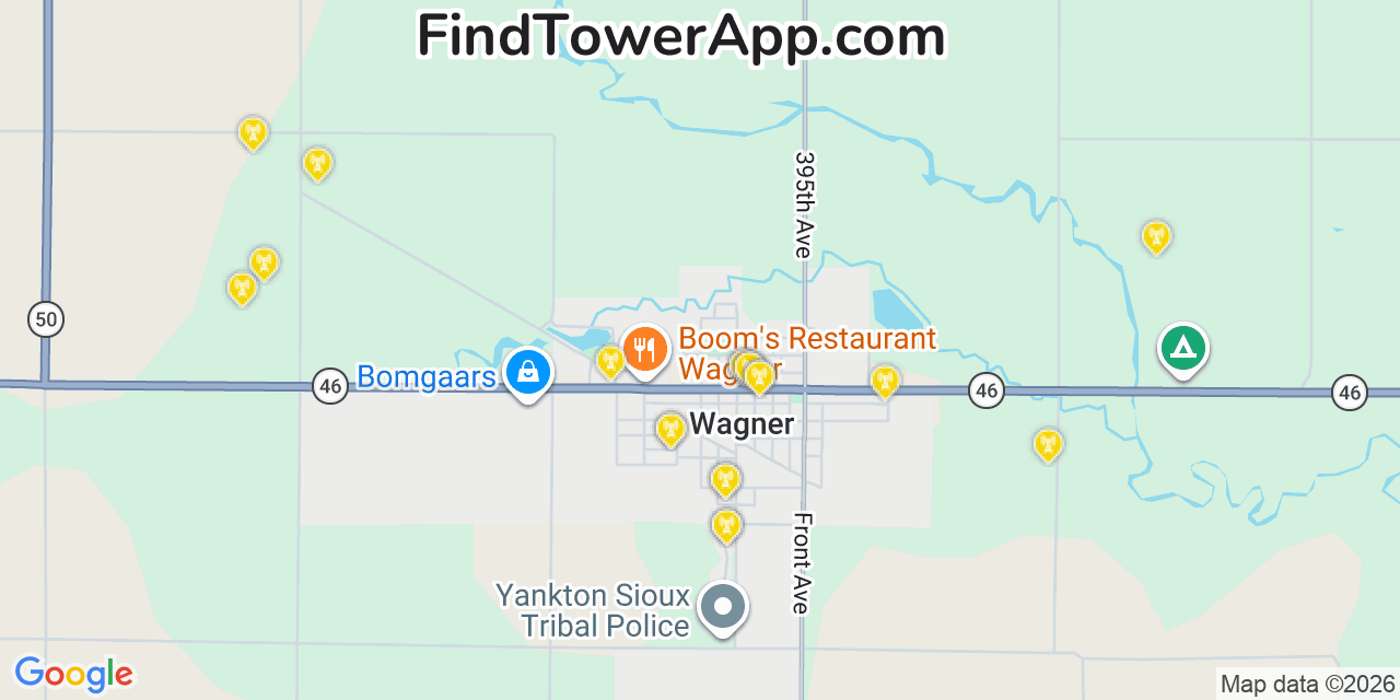 Map showing the 20 primary cell tower locations detected in Wagner, South Dakota from AT&T, Verizon, and T-Mobile networks