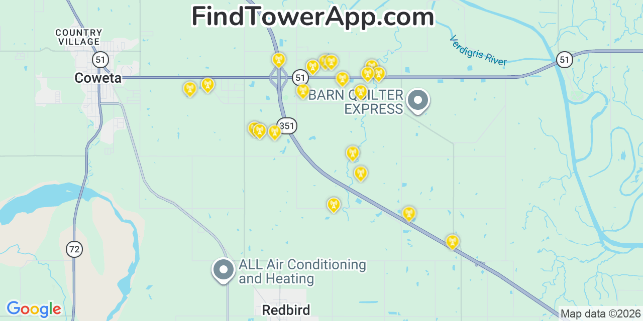 Map showing the 20 primary cell tower locations detected in Wagoner, Oklahoma from AT&T, Verizon, and T-Mobile networks