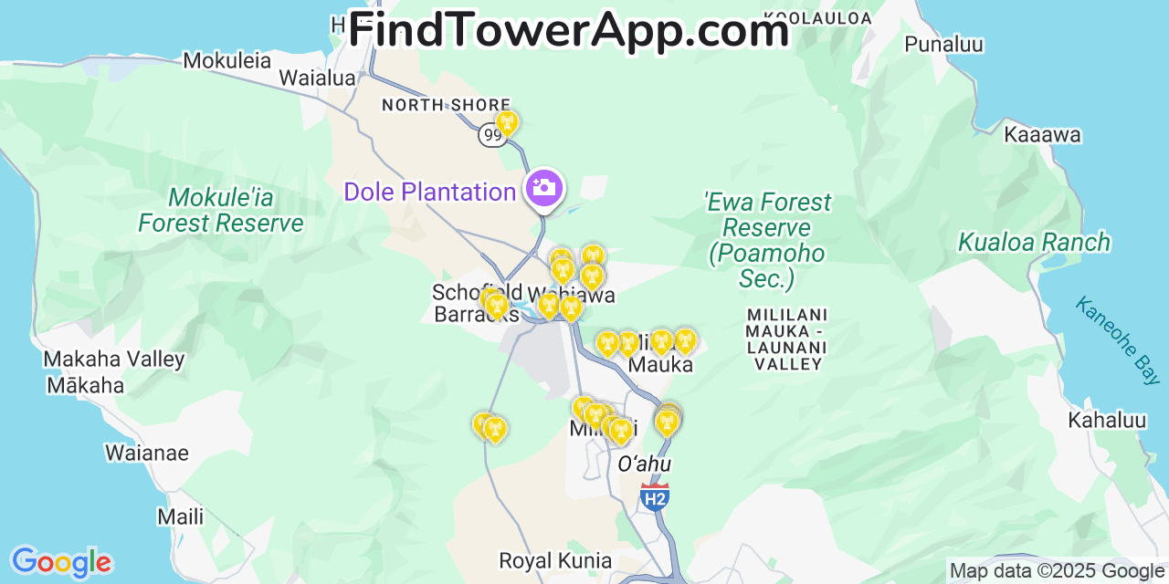 Map showing the 25 primary AT&T cell tower locations detected in Wahiawā, Hawaii with coverage radius and signal strength indicators