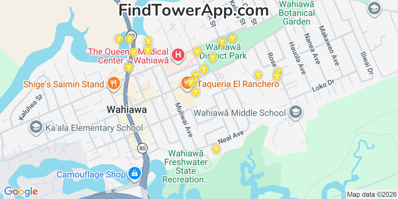 Map showing the 20 primary cell tower locations detected in Wahiawā, Hawaii from AT&T, Verizon, and T-Mobile networks