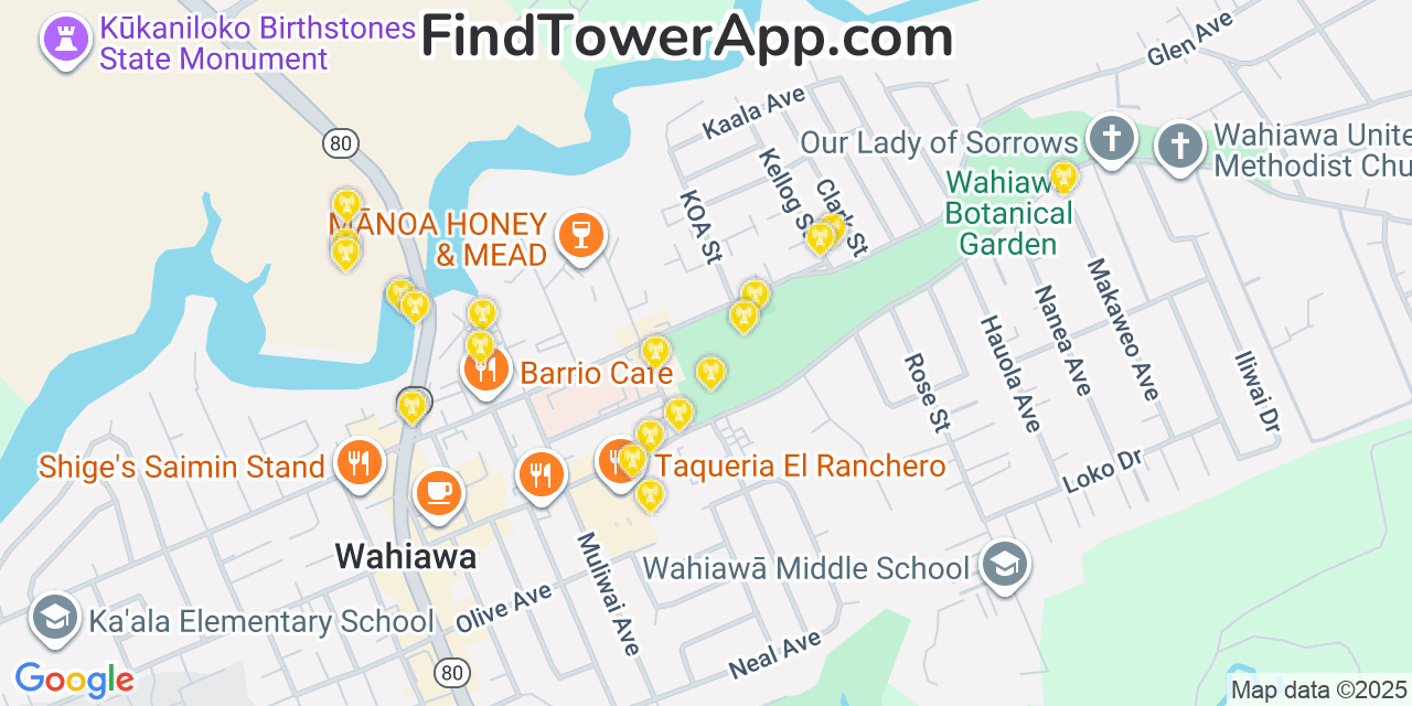 Map showing the 20 primary T-Mobile cell tower locations detected in Wahiawā, Hawaii with coverage radius and signal strength indicators