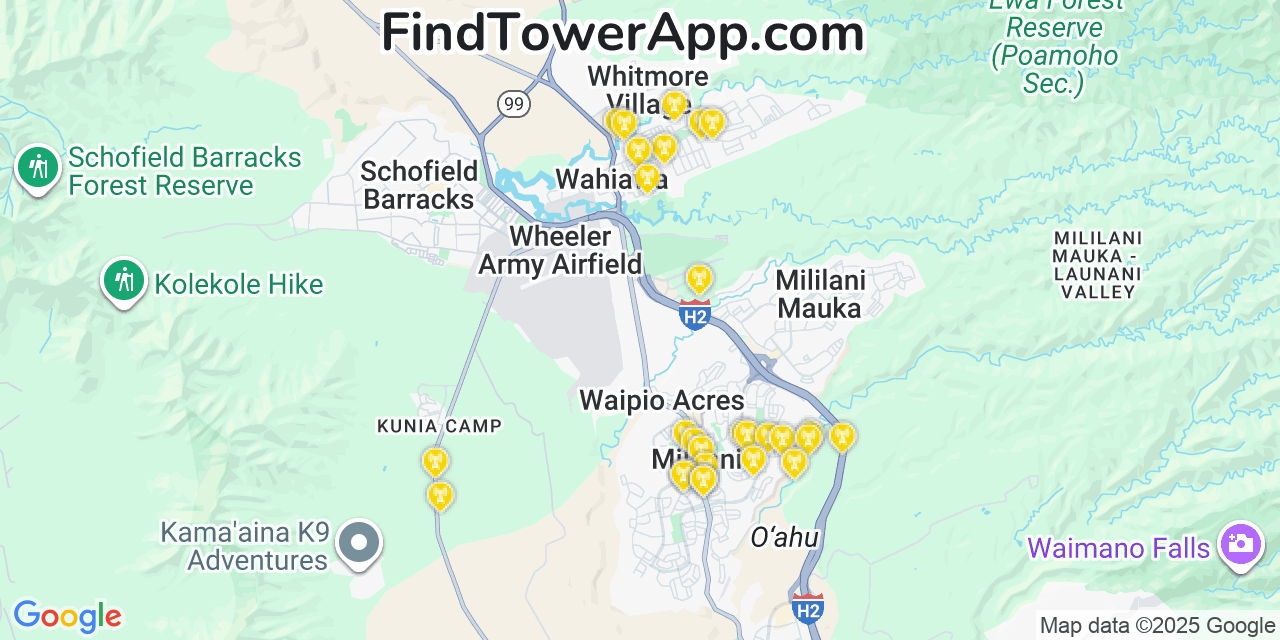 Map showing the 28 primary Verizon cell tower locations detected in Wahiawā, Hawaii with coverage radius and signal strength indicators