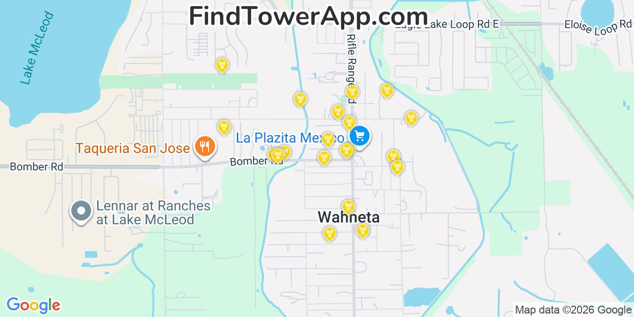 Map showing the 20 primary cell tower locations detected in Wahneta, Florida from AT&T, Verizon, and T-Mobile networks