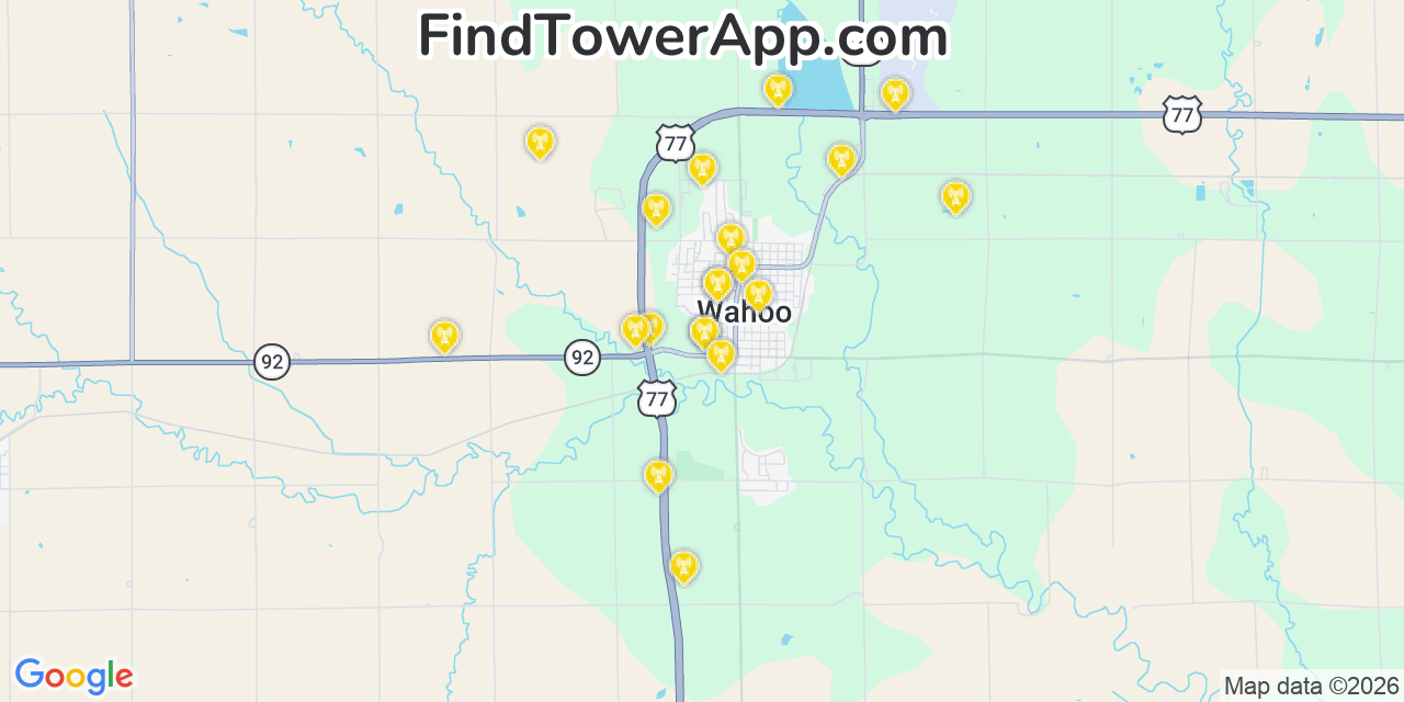 Map showing the 20 primary cell tower locations detected in Wahoo, Nebraska from AT&T, Verizon, and T-Mobile networks