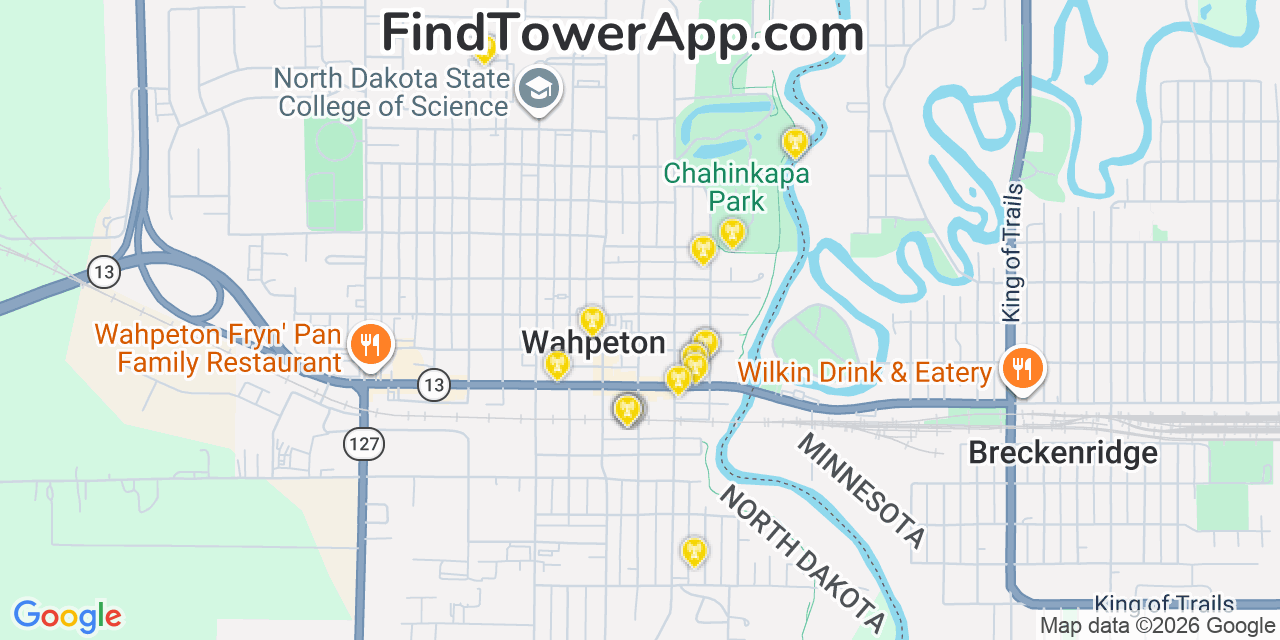 Map showing the 20 primary cell tower locations detected in Wahpeton, North Dakota from AT&T, Verizon, and T-Mobile networks