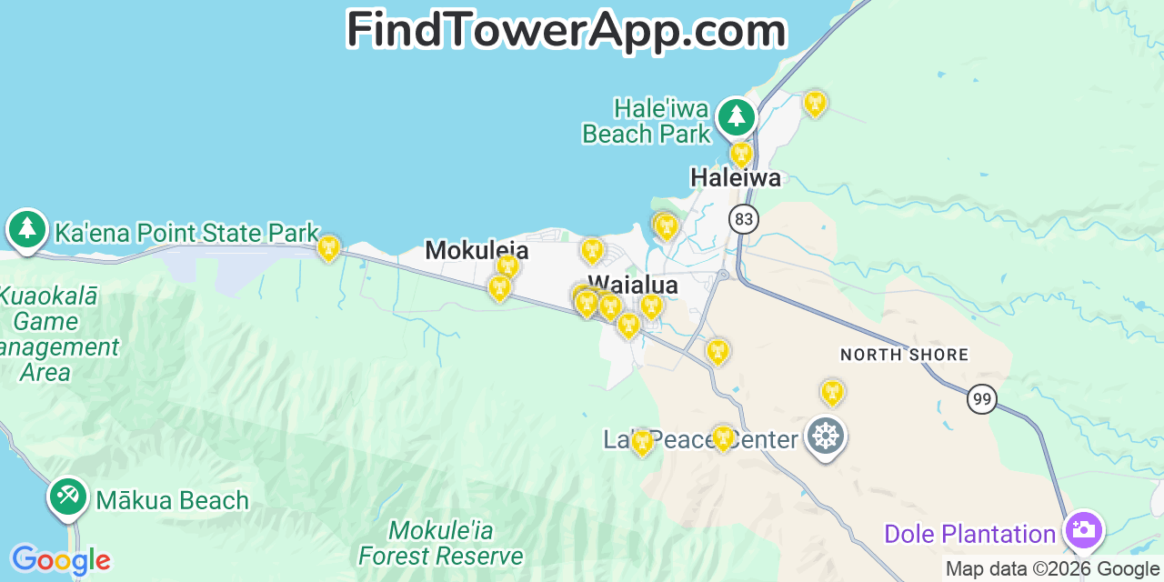 Map showing the 20 primary cell tower locations detected in Waialua, Hawaii from AT&T, Verizon, and T-Mobile networks