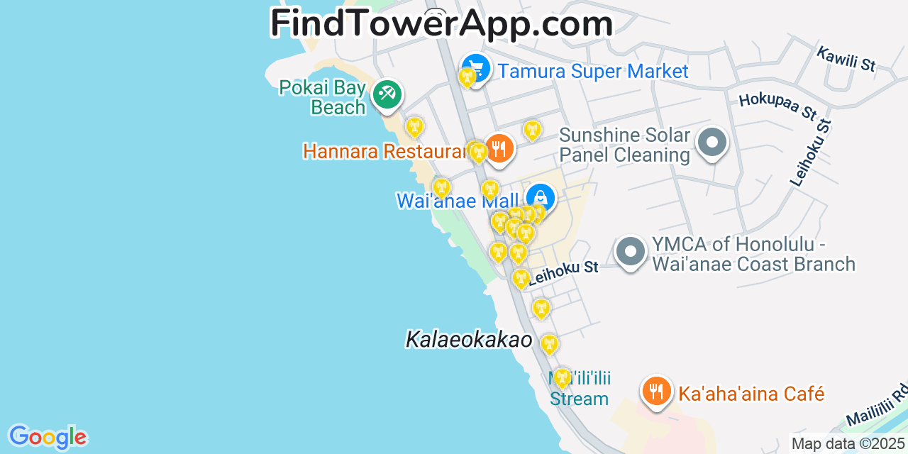 Map showing the 20 primary cell tower locations detected in Waianae, Hawaii from AT&T, Verizon, and T-Mobile networks