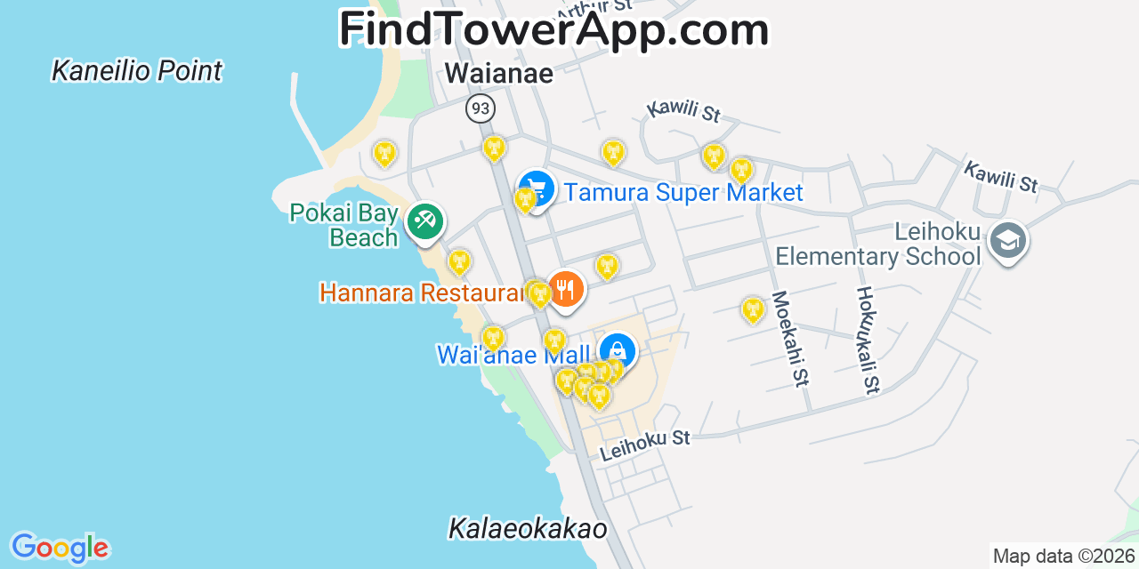Map showing the 20 primary cell tower locations detected in Waianae, Hawaii from AT&T, Verizon, and T-Mobile networks