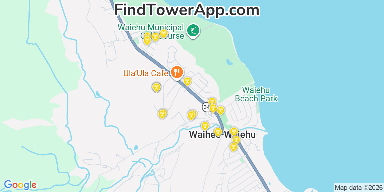 Map showing the 20 primary cell tower locations detected in Waihee Waiehu, Hawaii from AT&T, Verizon, and T-Mobile networks