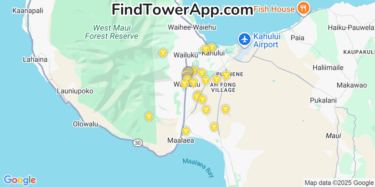 Map showing the 37 primary AT&T cell tower locations detected in Waikapū, Hawaii with coverage radius and signal strength indicators