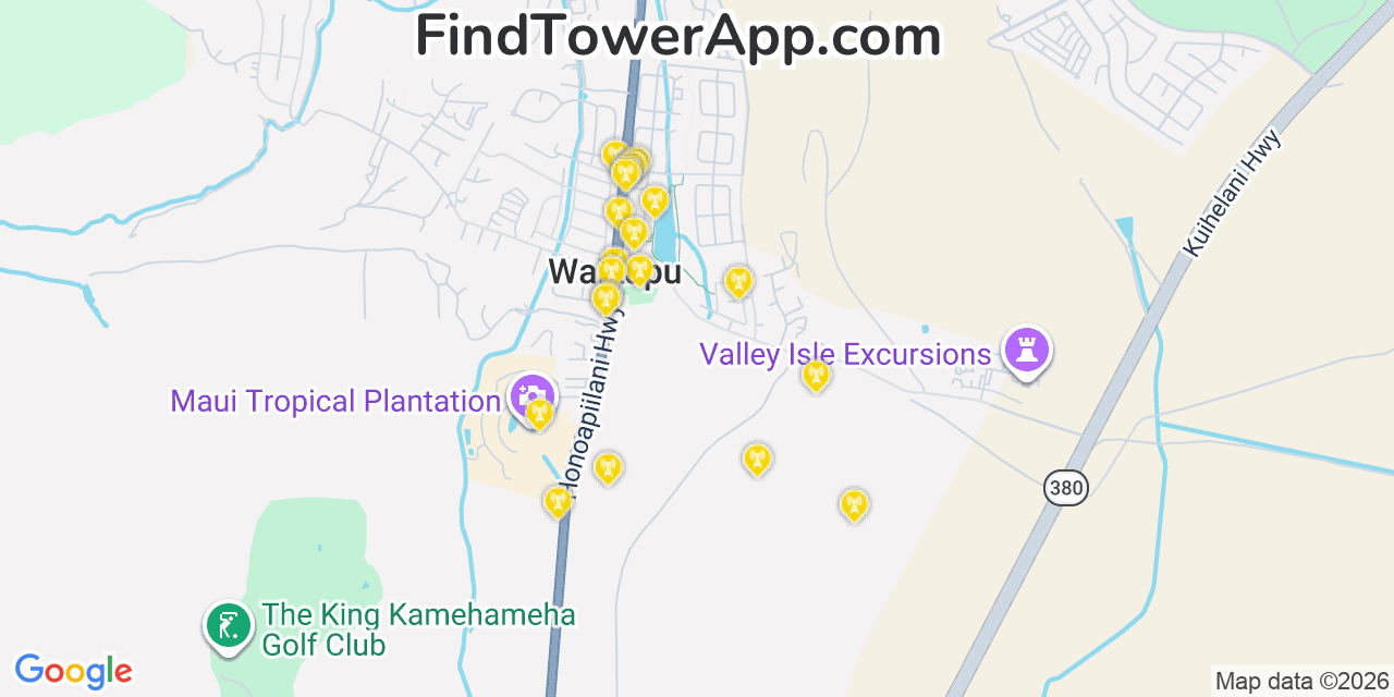 Map showing the 20 primary cell tower locations detected in Waikapū, Hawaii from AT&T, Verizon, and T-Mobile networks