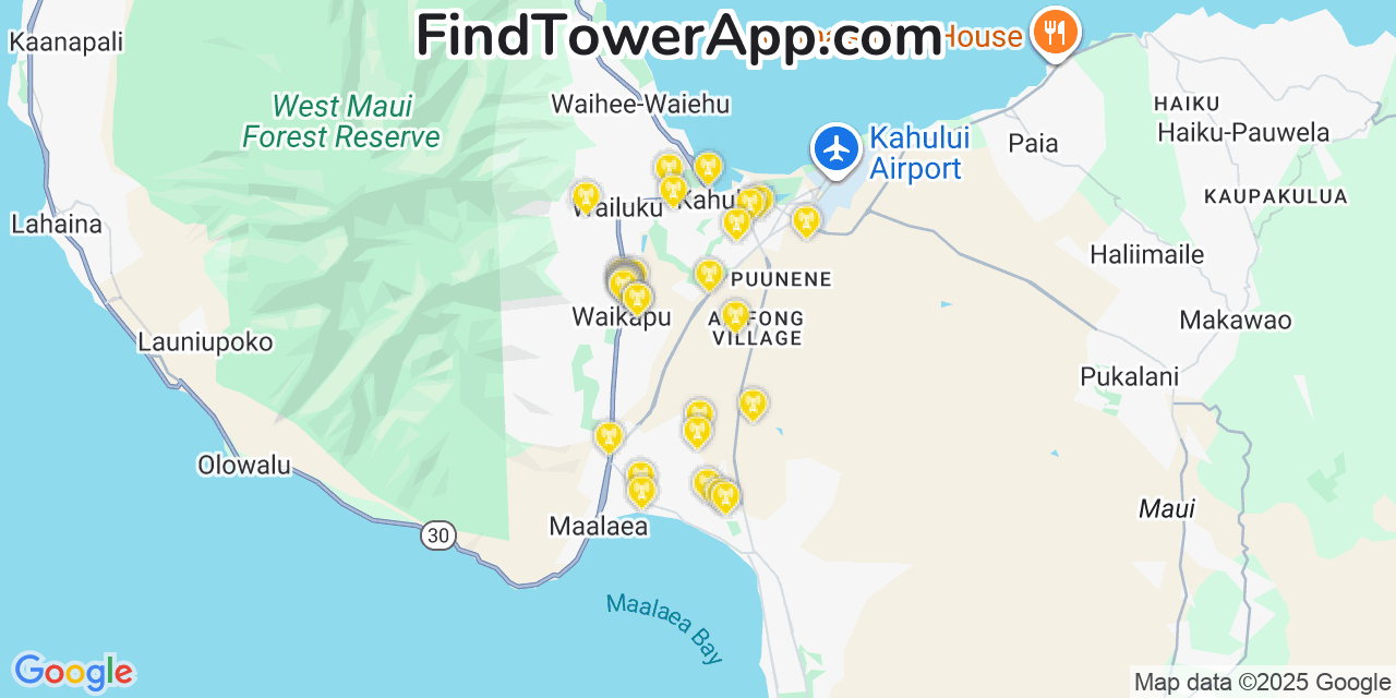 Map showing the 31 primary T-Mobile cell tower locations detected in Waikapū, Hawaii with coverage radius and signal strength indicators