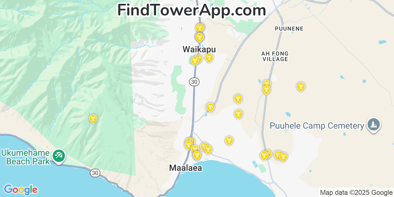 Map showing the 28 primary Verizon cell tower locations detected in Waikapū, Hawaii with coverage radius and signal strength indicators