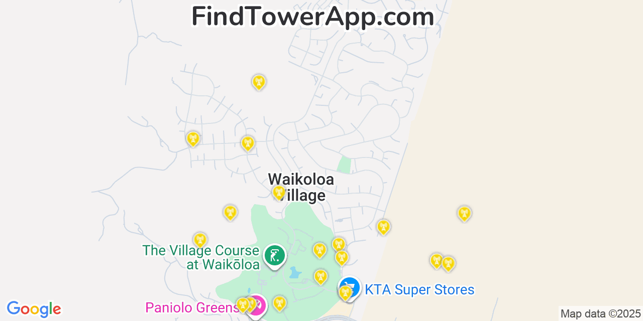 Map showing the 20 primary cell tower locations detected in Waikoloa, Hawaii from AT&T, Verizon, and T-Mobile networks