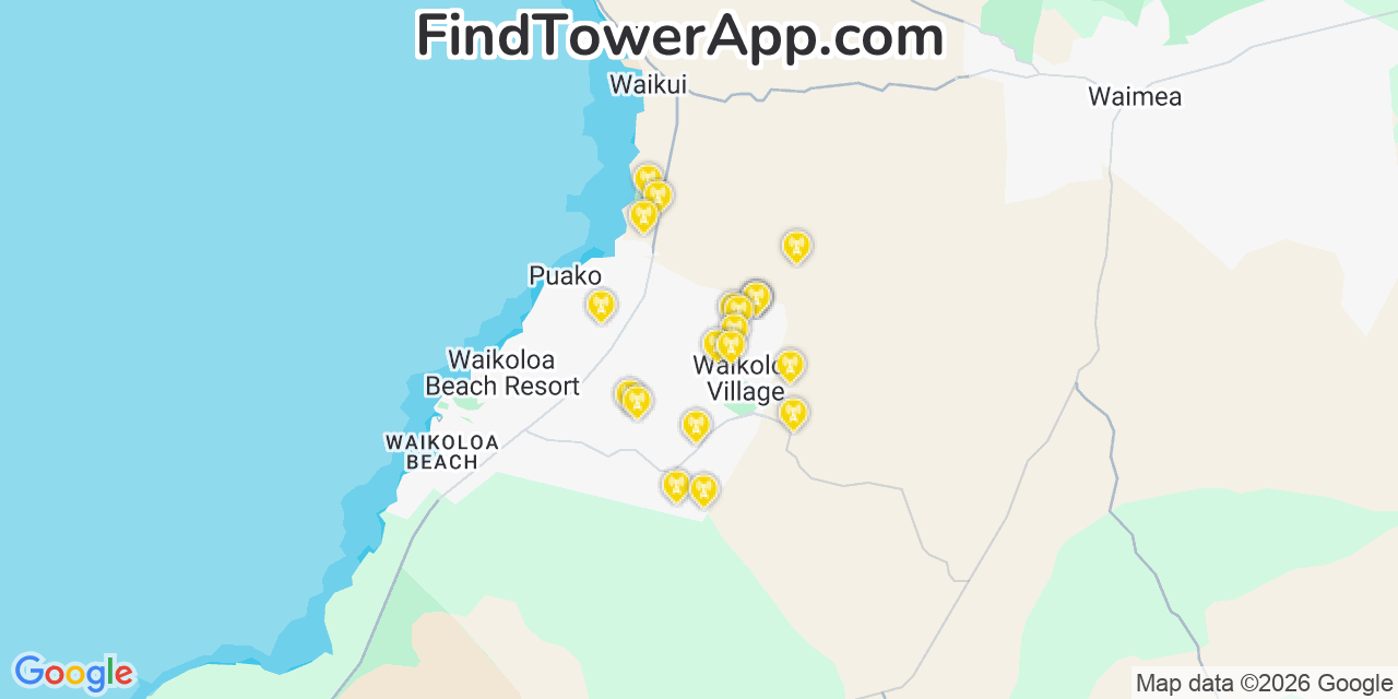 Map showing the 20 primary cell tower locations detected in Waikoloa, Hawaii from AT&T, Verizon, and T-Mobile networks