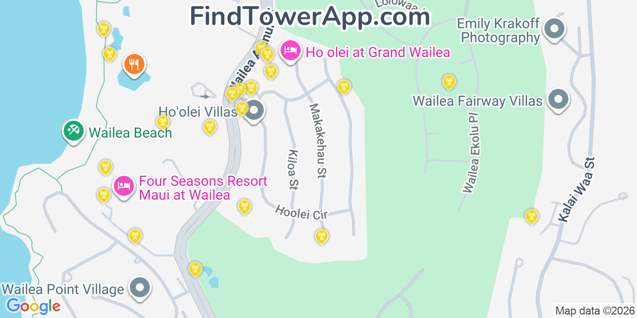 Map showing the 20 primary cell tower locations detected in Wailea, Hawaii from AT&T, Verizon, and T-Mobile networks